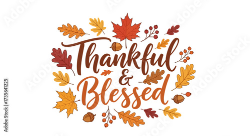 Elegant fall leaves frame thankful and blessed typography art for seasonal greetings