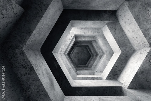 Fototapeta Naklejka Na Ścianę i Meble -  A stark, grayscale, abstract tunnel composed of repeating hexagonal concrete blocks