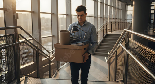 Young man leaving office after resignation, carrying his belongings in a box down a corporate staircase, symbolizing career change and uncertainty.