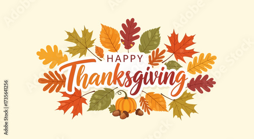 Festive Happy Thanksgiving Illustration with Autumn Leaves and Pumpkins Design