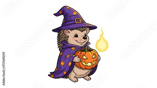 Hedgehog Wizard in Halloween Costume: This whimsical illustration presents a delightful hedgehog wizard, bedecked in a captivating purple costume, clutching a carved pumpkin lantern.