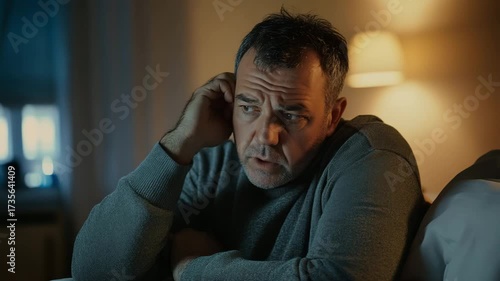 Stressed middle-aged man suffering from insomnia in his bedroom at night.