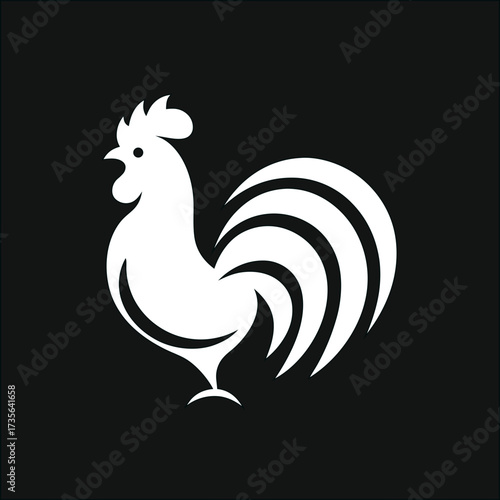 Chicken cock silhouette vector logo on black background , bold farm animal illustration for eco branding and agriculture marketing.