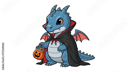 Trick-or-Treat Dragon: A charming blue dragon dressed in a vampire cape, holding a pumpkin treat basket, all set against a cheerful background.
