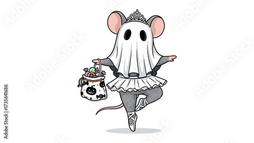 Spooky Ballerina Mouse: A charming illustration featuring a playful ghost mouse ballerina, holding a candy bag, and dressed in a tutu and tiara, embodying the spirit of Halloween.