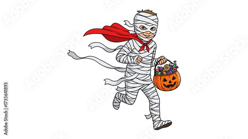 Mummy Costume on Halloween: A young boy dressed as a mummy, red cape flowing, hurries through the Halloween night, basket in hand for candy. 