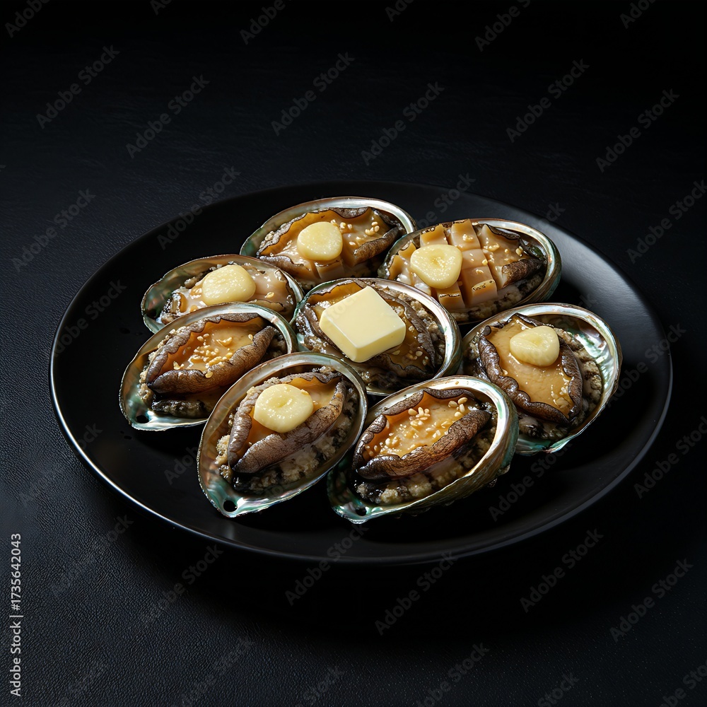 Fototapeta premium A plate of jeonbok gui 전복귀 (grilled abalone) with butter and garlic, served on a black plate against a black background 