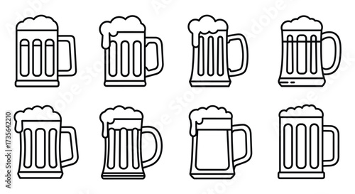 Set of Eight Simple Black Outline Beer Mugs with Foam on White Background Keywords: beer mug, beer, drink, beverage, alcohol, pub, bar, outline, icon, symbol, illustration, graphic design, simple