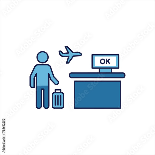 Passenger checks in at airport counter with suitcase, ready for travel and adventure, creating a sense of anticipation and excitement.