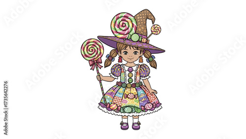 Sweet Witch with Candied Charms: A whimsical depiction of a charming little witch adorned with candies, lollipops, and a whimsical hat.