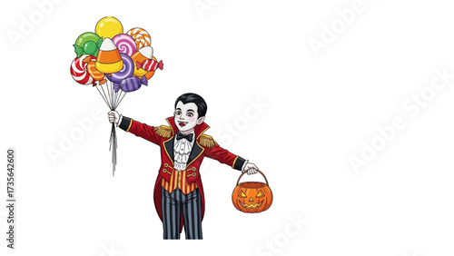 Halloween Celebration: A cartoon vampire, radiating jovial energy, parades with a collection of candy-shaped balloons and a Jack-o'-lantern pail.