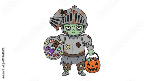 Halloween Knight: A cartoonish image showcases a brave knight with a unique twist – the character embodies a zombie-like appearance while holding candy and a Jack o'lantern basket.