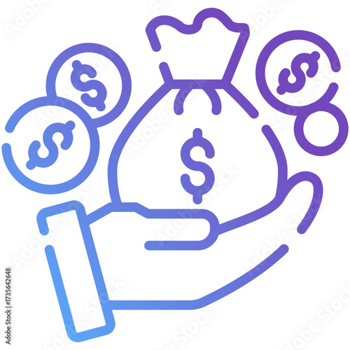 Staking Gradient Line Icon - Hand with Money Bag and Dollar Coins