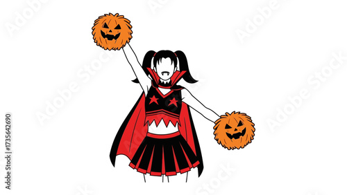 Spooky Halloween Cheerleader: A festive illustration captures the spirited energy of Halloween with a cheerleader adorned in a costume, her face alight with jack-o'-lantern.