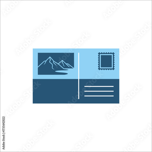Blue postcard depicting mountain range sits on white surface, evoking feelings of travel and adventure.