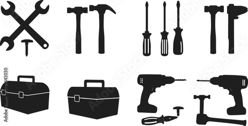 Silhouette of hand tools, power tools, wrench, hammer, screwdriver, drill, toolbox, repair equipment, construction hardware, black vector illustration