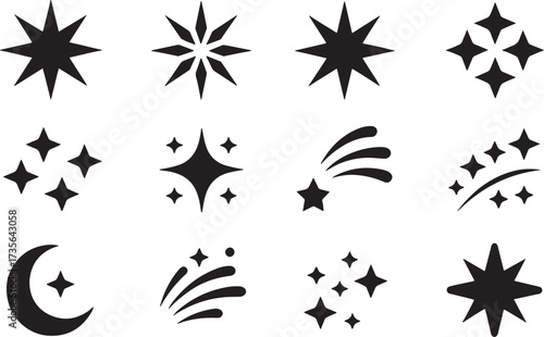 A collection of twelve different star and celestialthemed vector icons, featuring various star shapes, a crescent moon, and shooting star designs in a clean, minimalist style