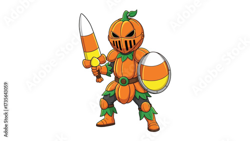 Pumpkin Knight Illustration: A whimsical pumpkin-headed knight brandishes a sword and shield crafted from candy corn, exuding a playful yet formidable Halloween vibe.