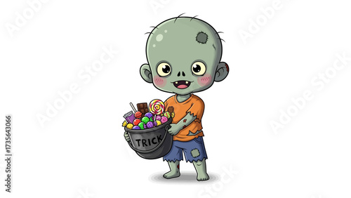 Cute Zombie With Candy Basket: A charming cartoon illustration features a friendly zombie holding a Trick or Treat basket overflowing with various candies.