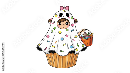 Sweet Halloween Treat: A charming illustration of a cupcake transformed into a Halloween scene, featuring a young figure dressed as a ghost, ready for trick-or-treating with a small candy bucket.