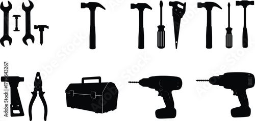 Silhouette of hand tools, wrench, hammer, screwdriver, drill, toolbox, repair equipment, construction hardware, black vector illustration, mechanic tools
