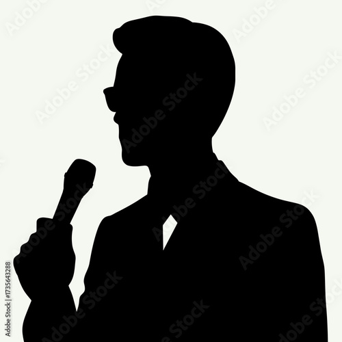 Silhouette of a stand-up comedian performing with a microphone on a light background
