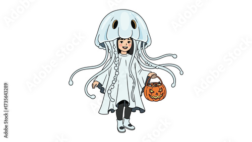 Spooky Jellyfish Costume: A child, playfully dressed as a jellyfish, clutches a festive jack-o'-lantern candy holder, embodying the spooky spirit of Halloween.