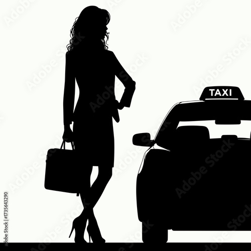 Silhouette of a businesswoman waiting for a taxi beside a car on a light background