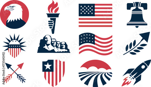 A patriotic collection of american symbols, featuring the bald eagle, the statue of liberty, mount rushmore, the american flag, the liberty bell, and a stylized rocket