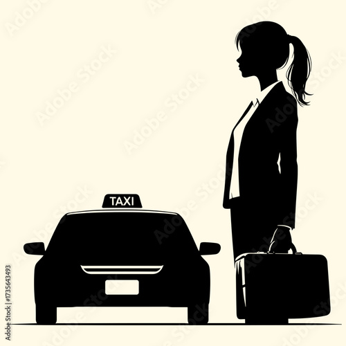 Silhouette of a female employee waiting for a taxi beside a car on a light background