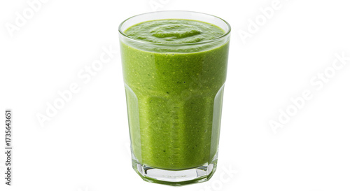 Green smoothie in a glass isolated, healthy blended drink with spinach and fruits for detox and weight loss on transparent background