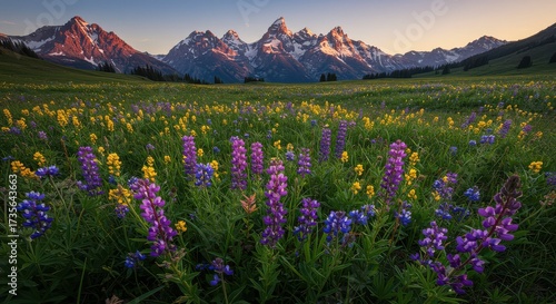 Grand teton mountain range with wildflowers in the foreground at sunrise