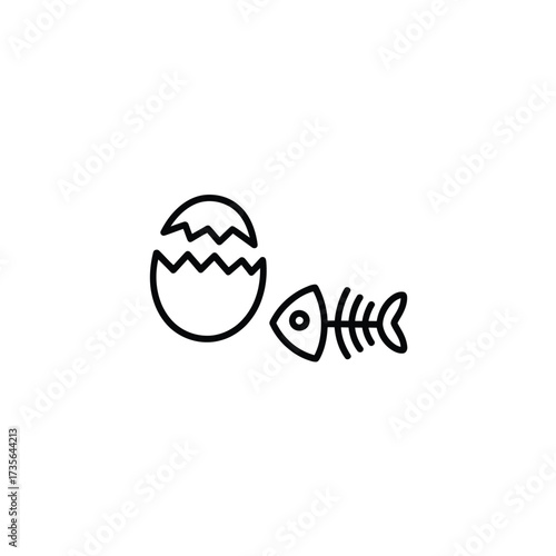Simple line art icon of a cracked egg and fish skeleton