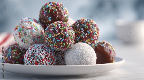 Delicious chocolate and vanilla truffles coated in colorful sprinkles, beautifully arranged on a white plate.