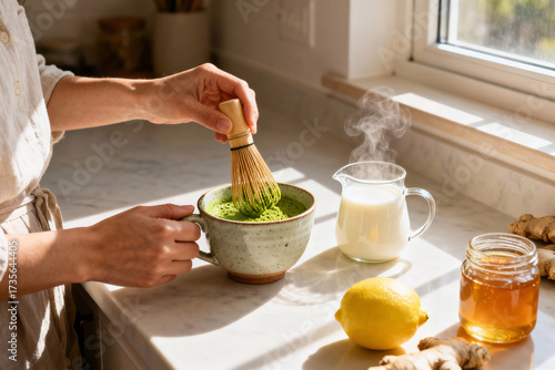 Calm morning wellness ritual in bright kitchen with young woman whisking vibrant green matcha in ceramic cup, steaming warm milk jug, fresh lemon, honey, ginger, immune-support drink.