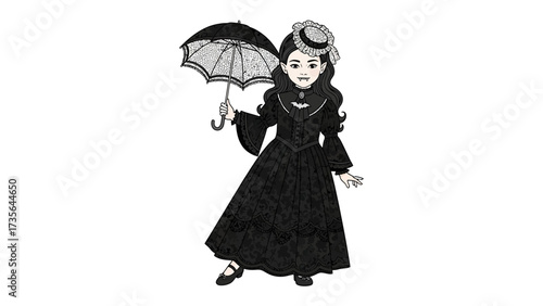 Victorian Lady with Umbrella: A charming vintage illustration depicts a lady dressed in elegant Victorian attire, gracefully holding an ornate umbrella, evoking a sense of classic beauty.