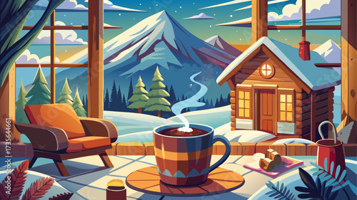 Cozy winter lodge interior featuring a steaming cup of cocoa and a snowy ski slope view, warm atmosphere, rustic charm, seasonal comfort, inviting scene, perfect for poster, design, and creative 