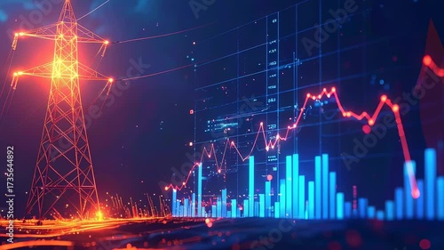 Dynamic energy sector video with glowing power lines and vibrant financial data graphs