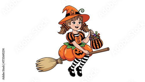 Halloween Witch: A cheerful young witch soars on a broom, adorned in festive attire, carrying a bag of treats, ready for a night of spooky fun.