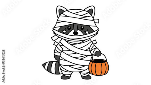 Mummy Raccoon for Halloween: A cute cartoon raccoon, dressed as a mummy, holds a pumpkin bucket ready for trick-or-treating. A spooky Halloween illustration for joy 