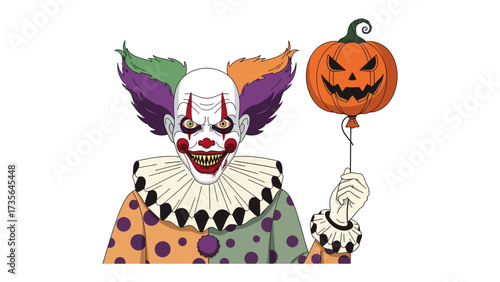Spooky Clown with Pumpkin Balloon: A creepy illustration of a clown with ominous eyes and a menacing grin holds a jack-o'-lantern balloon, set against an unadorned background.