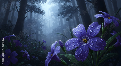 Mystical forest scene featuring vibrant purple flowers adorned with water droplets
