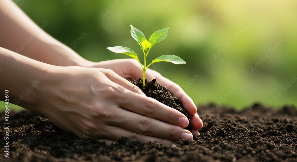 Fototapeta premium Hands Planting a Small Green Seedling in the Soil