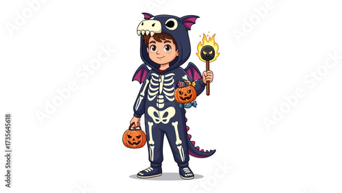 Spooky Skeleton Dragon Costume: A young boy dressed in a detailed skeleton dragon costume, complete with a pumpkin trick-or-treat pail and a fiery torch, stands ready for Halloween fun.