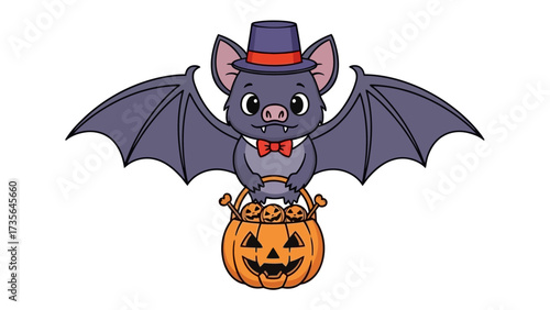 Bat's Halloween: A friendly cartoon bat wearing a dapper hat and bow tie carries a carved pumpkin full of treats, perfectly capturing the whimsical essence of Halloween.