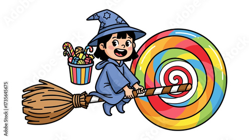 Whimsical Candy Witch on Broom: A spirited illustration of a child in a witch costume soaring on a broom, accompanied by a giant, vibrant lollipop and a basket filled with sweets.