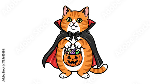 Spooky Cat in Halloween Costume: A charming orange tabby cat, adorned in a festive vampire costume, gleefully clutches a pumpkin-shaped candy basket, embodying the playful spirit of Halloween. 