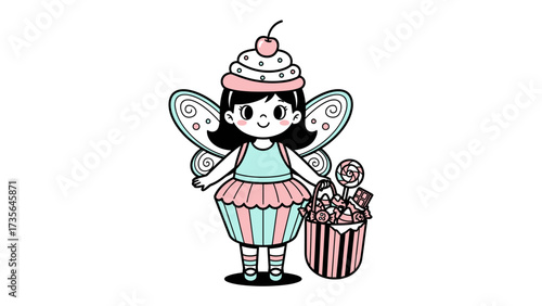 Sweet Fairy with Cupcake Delights: A whimsical illustration of a cute fairy, crowned with a cupcake hat and adorned with elegant wings. This enchanting scene is a vibrant tribute to confectionery joy.