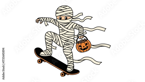 Mummy Skateboarding: A fun illustration of a skateboarding mummy with a pumpkin basket in hand ready for halloween. 