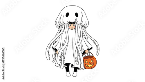 Halloween Jellyfish Costume: A child dressed as a playful jellyfish with a pumpkin-shaped bucket in hand, embodying the whimsical spirit of Halloween. 